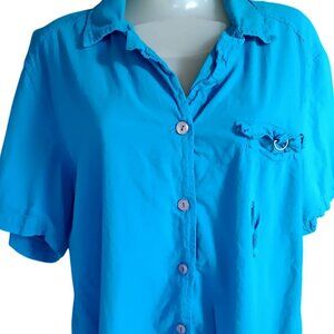 1X Women's Vintage Mom Top Erika Turquoise Button-Down Cotton 1990's